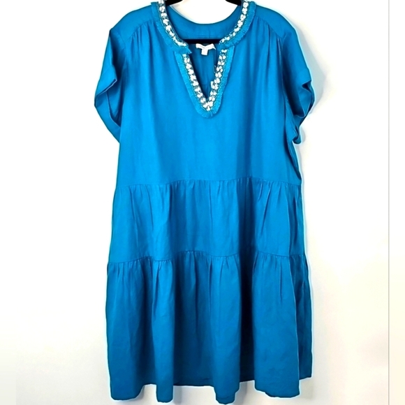 Chico's Peacock Blue 100% Linen w Embellished Neckline Glam Relaxed Short Dress - Picture 11 of 15